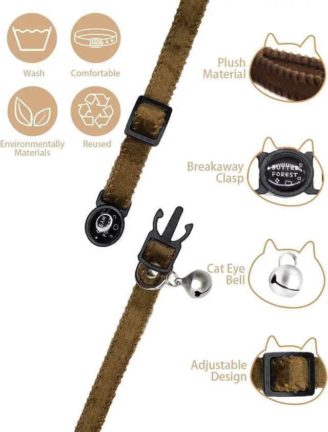 Alt view image 2 of 7 - Cat Collar Breakaway with Bell, Double-Layer Ultra Soft Velvet Kitten Collar for Small Cats & Petite Dogs, Friction-Free Anti-Hair Loss Design, Adjustable 7.87"-11.78", Brown & White Options