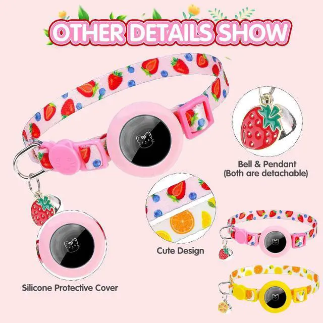 Alt view image 5 of 7 - Airtag Cat Collar, 2 Pack Breakaway Kitten Collars for Air tag | Safety Lightweight Hidden GPS Tracker Holder for Girl Boy Cats & Puppies With Bell, Adjustable 7.9-11.8in,Strawberry & Orange