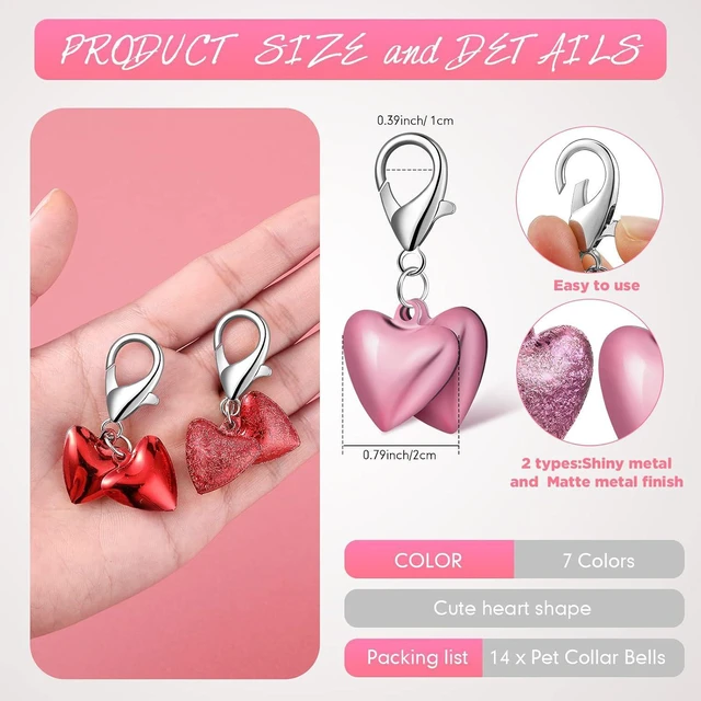 Alt view image 2 of 7 - 14 Set Pet Bells for Dog Cat Heart Cat Collar Charm Pet Pendant Accessories Colorful for Kittens Dogs with Stainless Steel Keychain Small Animal Gifts, 7 Colors, Glossy and Matte