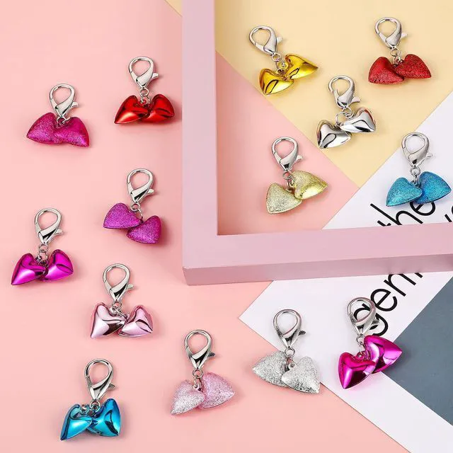 Alt view image 5 of 7 - 14 Set Pet Bells for Dog Cat Heart Cat Collar Charm Pet Pendant Accessories Colorful for Kittens Dogs with Stainless Steel Keychain Small Animal Gifts, 7 Colors, Glossy and Matte