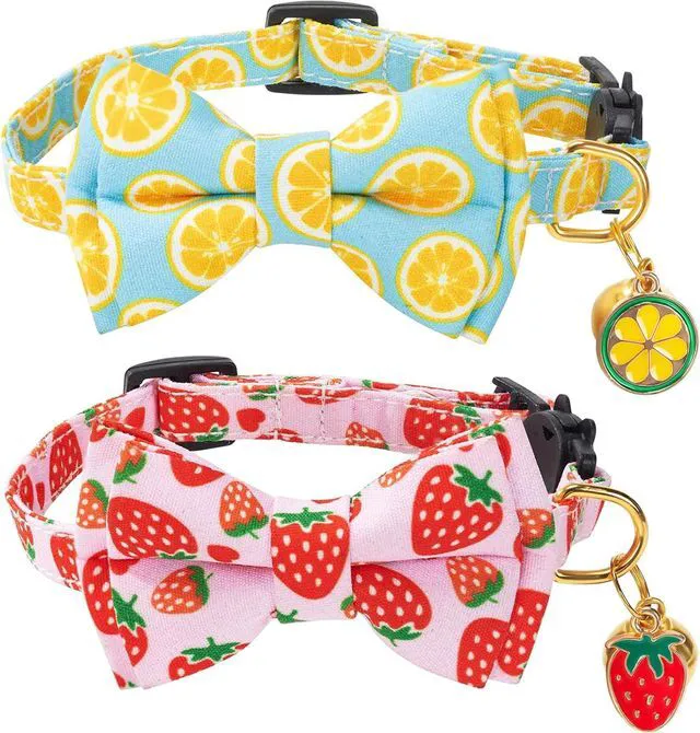 Main image of Breakaway Cat Collar with Cute Bow Tie Bell 2Pack Lemon Strawberry Summer Collars for Male Female Soft Cotton Kitty Kitten Collar Cute Cat Collars Ideal for Girl Cats Boy Male Cats