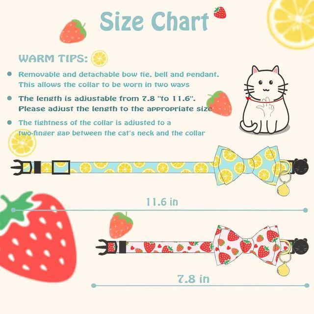 Alt view image 2 of 6 - Breakaway Cat Collar with Cute Bow Tie Bell 2Pack Lemon Strawberry Summer Collars for Male Female Soft Cotton Kitty Kitten Collar Cute Cat Collars Ideal for Girl Cats Boy Male Cats