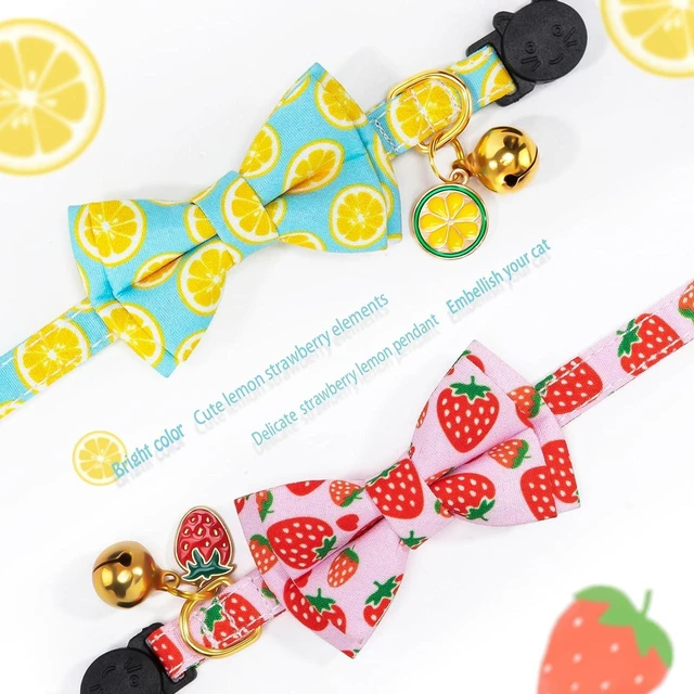 Alt view image 3 of 6 - Breakaway Cat Collar with Cute Bow Tie Bell 2Pack Lemon Strawberry Summer Collars for Male Female Soft Cotton Kitty Kitten Collar Cute Cat Collars Ideal for Girl Cats Boy Male Cats