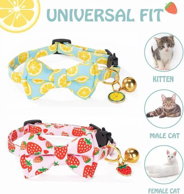 Alt view image 4 of 6 - Breakaway Cat Collar with Cute Bow Tie Bell 2Pack Lemon Strawberry Summer Collars for Male Female Soft Cotton Kitty Kitten Collar Cute Cat Collars Ideal for Girl Cats Boy Male Cats