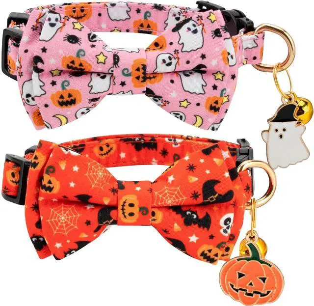 Main image of 2 Pack Breakaway Cat Collar with Removable Bow Tie and Bell for Boy Girl Cats,Cute Cotton Kitten Collar with Purple Lavender and Flower Pattern for Female Male Cats (Pink Ghost&Pumpkin)