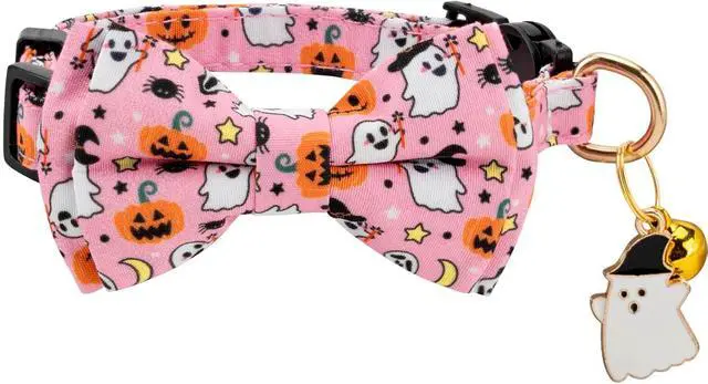 Alt view image 3 of 6 - 2 Pack Breakaway Cat Collar with Removable Bow Tie and Bell for Boy Girl Cats,Cute Cotton Kitten Collar with Purple Lavender and Flower Pattern for Female Male Cats (Pink Ghost&Pumpkin)