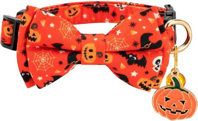 Alt view image 4 of 6 - 2 Pack Breakaway Cat Collar with Removable Bow Tie and Bell for Boy Girl Cats,Cute Cotton Kitten Collar with Purple Lavender and Flower Pattern for Female Male Cats (Pink Ghost&Pumpkin)