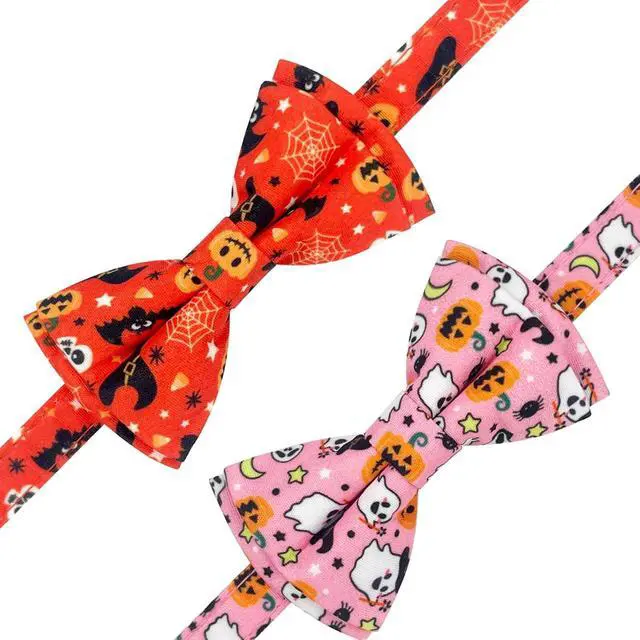 Alt view image 5 of 6 - 2 Pack Breakaway Cat Collar with Removable Bow Tie and Bell for Boy Girl Cats,Cute Cotton Kitten Collar with Purple Lavender and Flower Pattern for Female Male Cats (Pink Ghost&Pumpkin)