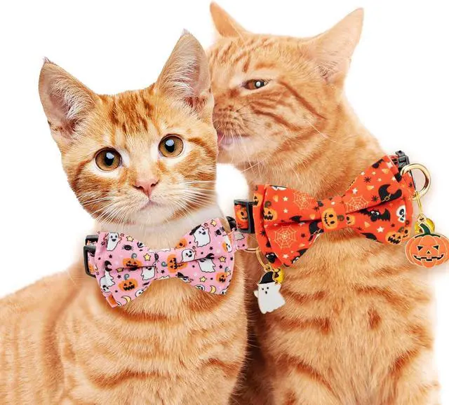 Alt view image 6 of 6 - 2 Pack Breakaway Cat Collar with Removable Bow Tie and Bell for Boy Girl Cats,Cute Cotton Kitten Collar with Purple Lavender and Flower Pattern for Female Male Cats (Pink Ghost&Pumpkin)