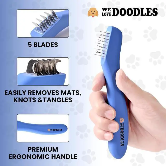 Alt view image 2 of 6 - Dematting Comb for Dogs, Undercoat Rake Grooming Tool, Mat Remover, 5 Blade | Best Dematting Brush For Doodles & Poodles, Detangling De Matted Hair, Tool For Removing Shedding Fur, Cat Deshedder Brush