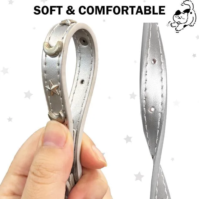 Alt view image 2 of 7 - Leather Cat Collar, Breakaway Kitten Collars with Bell, Silver | Spiked & Studded, Cute for Boy Girl Small Pets, Goth Style, Safety Elastic Belt, Adjustable Buckle, Moon and Stars, 7-9in