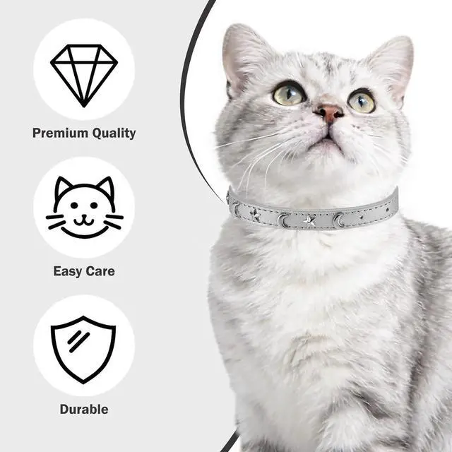 Alt view image 3 of 7 - Leather Cat Collar, Breakaway Kitten Collars with Bell, Silver | Spiked & Studded, Cute for Boy Girl Small Pets, Goth Style, Safety Elastic Belt, Adjustable Buckle, Moon and Stars, 7-9in