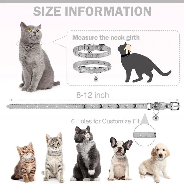Alt view image 4 of 7 - Leather Cat Collar, Breakaway Kitten Collars with Bell, Silver | Spiked & Studded, Cute for Boy Girl Small Pets, Goth Style, Safety Elastic Belt, Adjustable Buckle, Moon and Stars, 7-9in