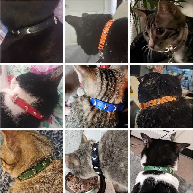 Alt view image 5 of 7 - Leather Cat Collar, Breakaway Kitten Collars with Bell, Silver | Spiked & Studded, Cute for Boy Girl Small Pets, Goth Style, Safety Elastic Belt, Adjustable Buckle, Moon and Stars, 7-9in