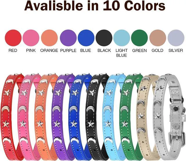Alt view image 7 of 7 - Leather Cat Collar, Breakaway Kitten Collars with Bell, Silver | Spiked & Studded, Cute for Boy Girl Small Pets, Goth Style, Safety Elastic Belt, Adjustable Buckle, Moon and Stars, 7-9in