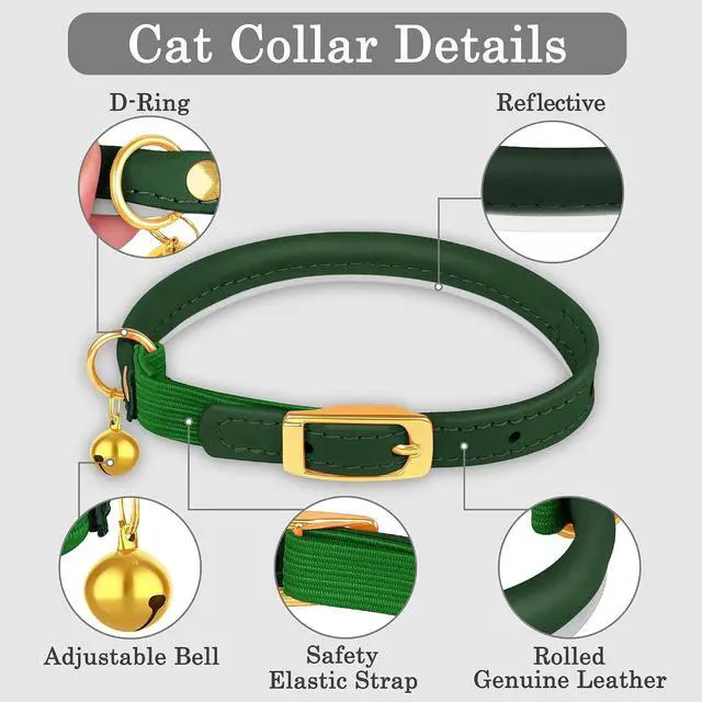 Alt view image 4 of 7 - Rolled Leather Cat Collar with Bell - Reflective Kitten Collar with Safety Elastic Strap - Adjustable Small Pet Collars for Boy Girl Cats (Green)