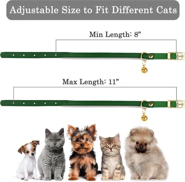 Alt view image 5 of 7 - Rolled Leather Cat Collar with Bell - Reflective Kitten Collar with Safety Elastic Strap - Adjustable Small Pet Collars for Boy Girl Cats (Green)