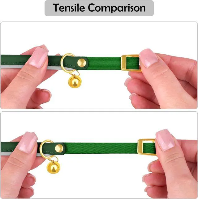 Alt view image 6 of 7 - Rolled Leather Cat Collar with Bell - Reflective Kitten Collar with Safety Elastic Strap - Adjustable Small Pet Collars for Boy Girl Cats (Green)