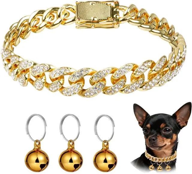 Main image of Cuban Link Dog Collar with 3 Bells - Gold Metal Chain Dog Necklace, Bell Collar & Pet Accessories for Boy Dogs (Gold, 10 Inch)