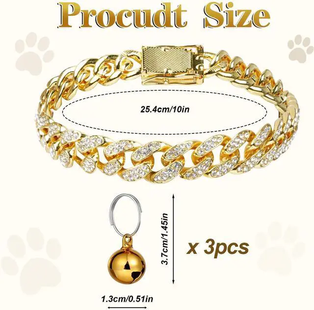 Alt view image 2 of 7 - Cuban Link Dog Collar with 3 Bells - Gold Metal Chain Dog Necklace, Bell Collar & Pet Accessories for Boy Dogs (Gold, 10 Inch)