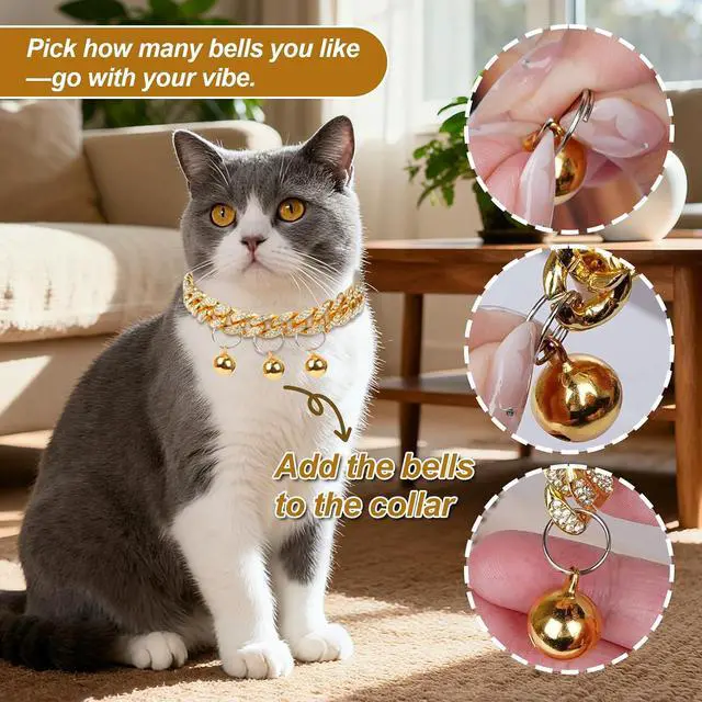 Alt view image 3 of 7 - Cuban Link Dog Collar with 3 Bells - Gold Metal Chain Dog Necklace, Bell Collar & Pet Accessories for Boy Dogs (Gold, 10 Inch)