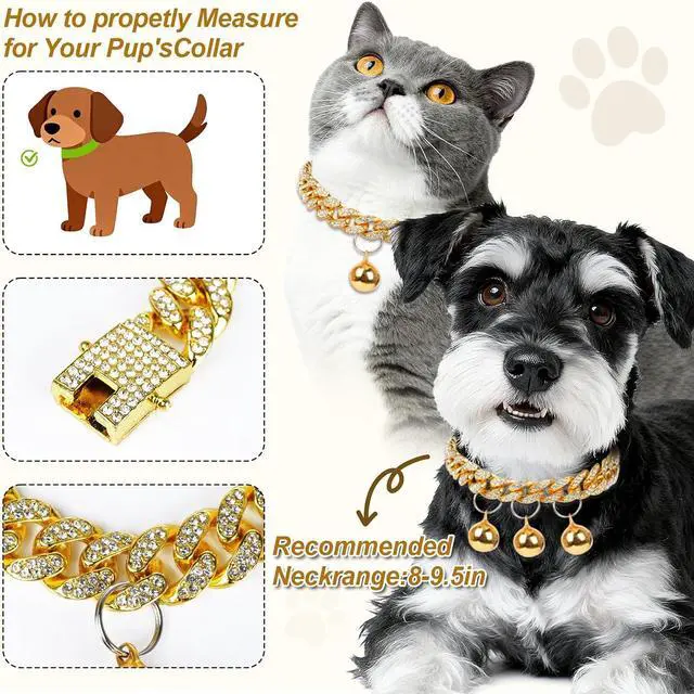 Alt view image 4 of 7 - Cuban Link Dog Collar with 3 Bells - Gold Metal Chain Dog Necklace, Bell Collar & Pet Accessories for Boy Dogs (Gold, 10 Inch)