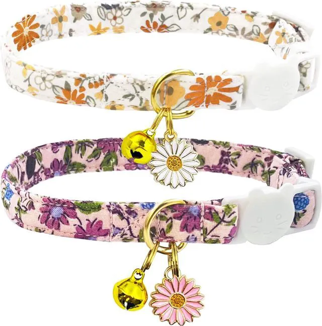 Main image of 2 Pack Cotton Breakaway Cat Collars Set with Bell and Flower Pendant, Cute Floral Fruit Patterned, Adjustable 7.5-11Inch, Include A Mouse Toy Gift