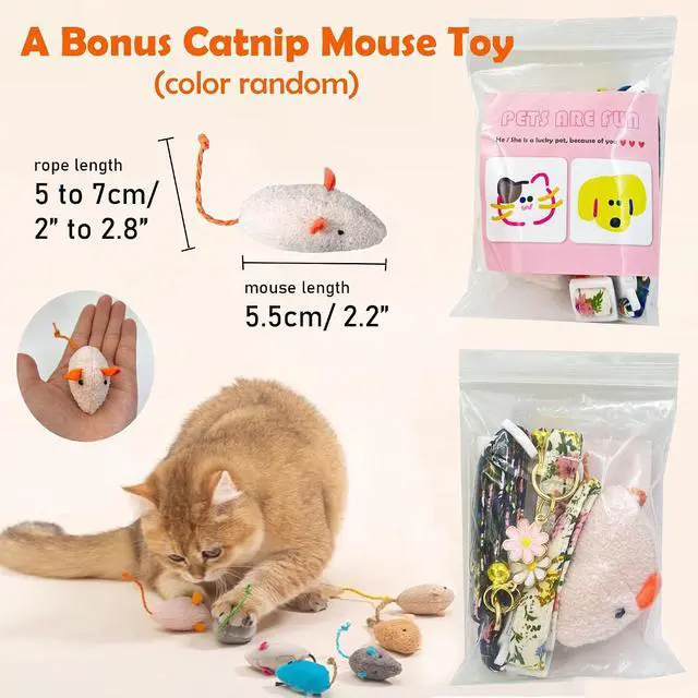 Alt view image 2 of 7 - 2 Pack Cotton Breakaway Cat Collars Set with Bell and Flower Pendant, Cute Floral Fruit Patterned, Adjustable 7.5-11Inch, Include A Mouse Toy Gift