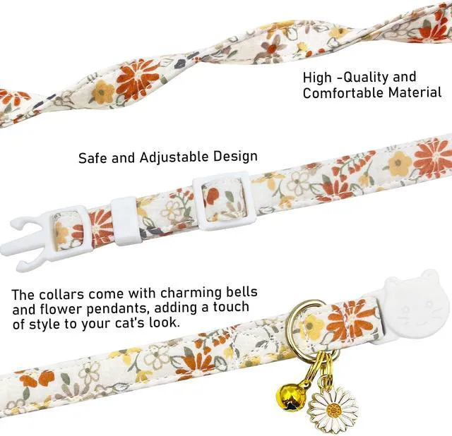Alt view image 3 of 7 - 2 Pack Cotton Breakaway Cat Collars Set with Bell and Flower Pendant, Cute Floral Fruit Patterned, Adjustable 7.5-11Inch, Include A Mouse Toy Gift