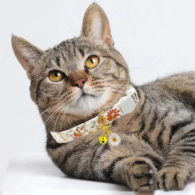 Alt view image 6 of 7 - 2 Pack Cotton Breakaway Cat Collars Set with Bell and Flower Pendant, Cute Floral Fruit Patterned, Adjustable 7.5-11Inch, Include A Mouse Toy Gift
