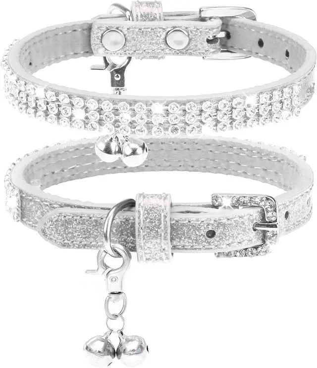 Main image of Basic Adjustable Cat Collar with Bling Diamond and Double Bells, for Kitten and Small Puppy, Fashion and Shining Dog Rhinestone Collars, 6-8 in, Silver