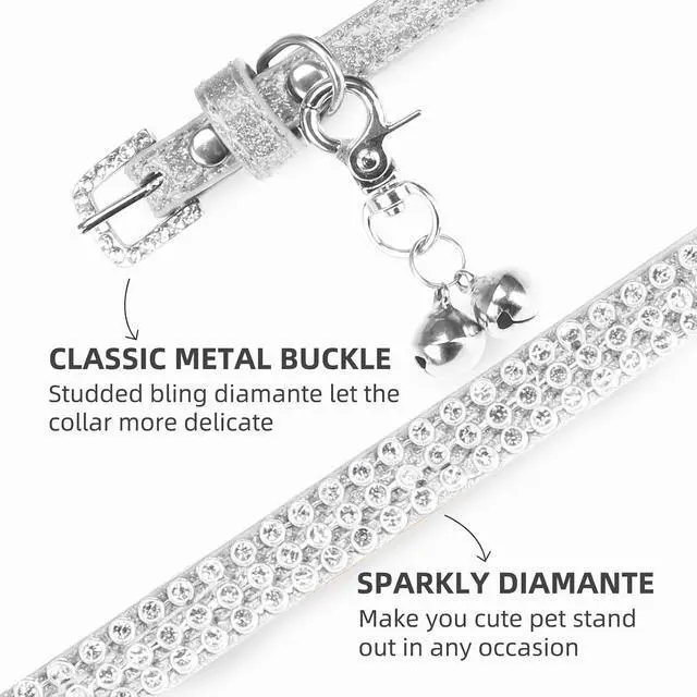 Alt view image 3 of 7 - Basic Adjustable Cat Collar with Bling Diamond and Double Bells, for Kitten and Small Puppy, Fashion and Shining Dog Rhinestone Collars, 6-8 in, Silver