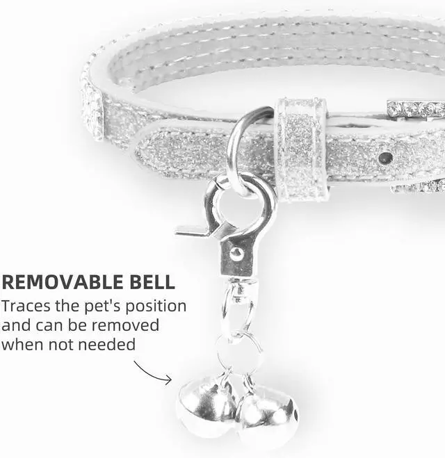 Alt view image 5 of 7 - Basic Adjustable Cat Collar with Bling Diamond and Double Bells, for Kitten and Small Puppy, Fashion and Shining Dog Rhinestone Collars, 6-8 in, Silver