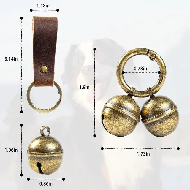 Alt view image 2 of 7 - Loud Dog Collar Bells, Durable Pet Bells Tracker for Large Dogs, 4 Copper ells and 2 Leather Button Strap for Outdoor Safety, Pet Tracking, Hiking, Walking