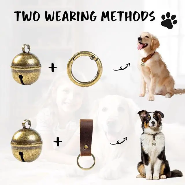 Alt view image 3 of 7 - Loud Dog Collar Bells, Durable Pet Bells Tracker for Large Dogs, 4 Copper ells and 2 Leather Button Strap for Outdoor Safety, Pet Tracking, Hiking, Walking