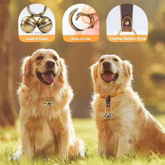 Alt view image 4 of 7 - Loud Dog Collar Bells, Durable Pet Bells Tracker for Large Dogs, 4 Copper ells and 2 Leather Button Strap for Outdoor Safety, Pet Tracking, Hiking, Walking
