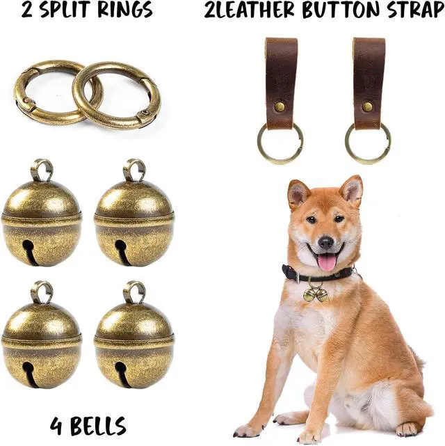 Alt view image 5 of 7 - Loud Dog Collar Bells, Durable Pet Bells Tracker for Large Dogs, 4 Copper ells and 2 Leather Button Strap for Outdoor Safety, Pet Tracking, Hiking, Walking