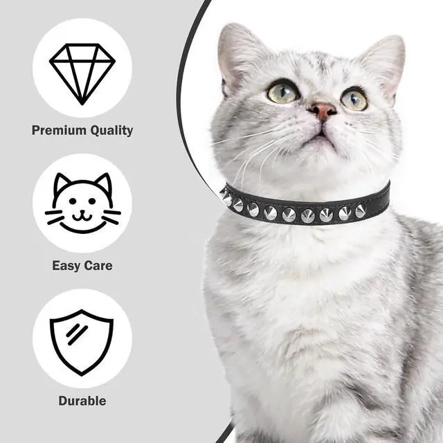Alt view image 3 of 7 - Leather Cat Collar, Breakaway Kitten Collars with Bell, Black | Spiked & Studded, Cute for Boy Girl Small Pets, Goth Rivet Style, Safety Elastic Belt, Adjustable Buckle, Skull Charm, 8-12in