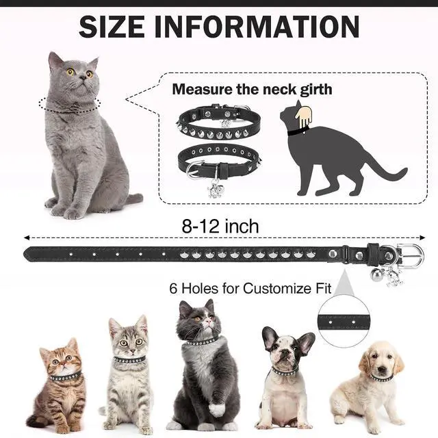 Alt view image 4 of 7 - Leather Cat Collar, Breakaway Kitten Collars with Bell, Black | Spiked & Studded, Cute for Boy Girl Small Pets, Goth Rivet Style, Safety Elastic Belt, Adjustable Buckle, Skull Charm, 8-12in