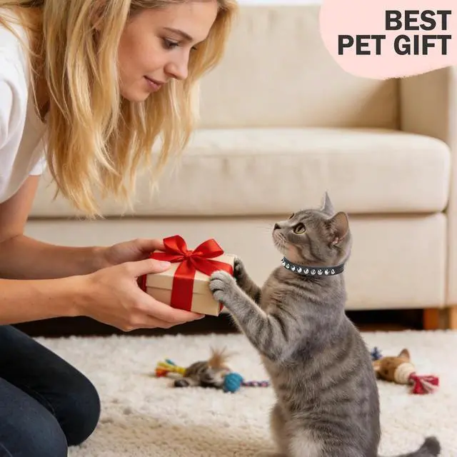 Alt view image 6 of 7 - Leather Cat Collar, Breakaway Kitten Collars with Bell, Black | Spiked & Studded, Cute for Boy Girl Small Pets, Goth Rivet Style, Safety Elastic Belt, Adjustable Buckle, Skull Charm, 8-12in