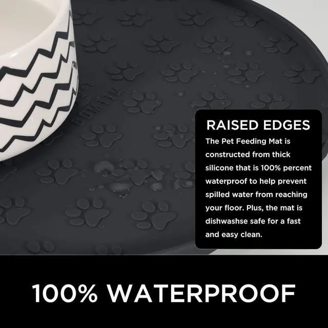 Alt view image 2 of 6 - Waterproof Dog Food Mat - 2 Pack Silicone Pet Food Mat Dog Food Bowl Mats Cat Water Mats Eating Tray, Non-Slip Pet Placemat with Lip for Messy Drinkers to Protect Floor, Black 11"×11"