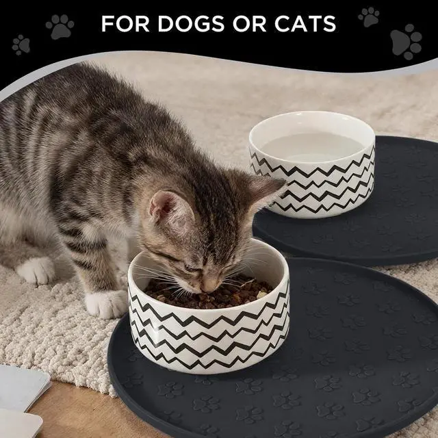 Alt view image 3 of 6 - Waterproof Dog Food Mat - 2 Pack Silicone Pet Food Mat Dog Food Bowl Mats Cat Water Mats Eating Tray, Non-Slip Pet Placemat with Lip for Messy Drinkers to Protect Floor, Black 11"×11"