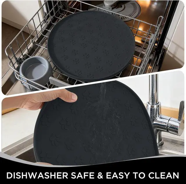 Alt view image 5 of 6 - Waterproof Dog Food Mat - 2 Pack Silicone Pet Food Mat Dog Food Bowl Mats Cat Water Mats Eating Tray, Non-Slip Pet Placemat with Lip for Messy Drinkers to Protect Floor, Black 11"×11"