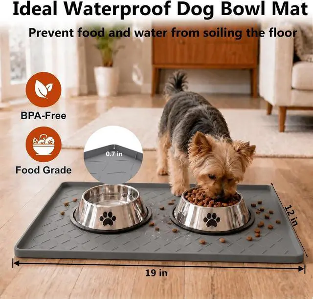 Alt view image 2 of 3 - Silicone Waterproof Mat for Dog & Cat Food Mat 19"X12" | BPA-Free Non-Slip Pet Feeding Mat, Dog Food Tray for Food & Water Bowls, Protect Floor Against Spills, Dark Grey