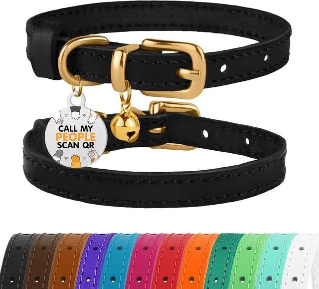 Main image of Leather Cat Collar with Removable Bells Non Breakaway Kitten QR Tag for Girl Boy (7" - 9" for Cats, Black & Gold)
