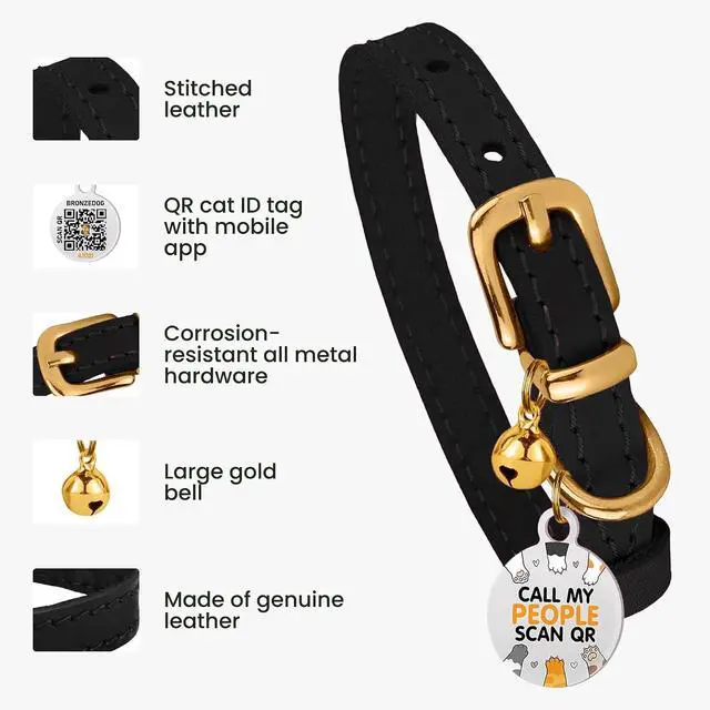 Alt view image 2 of 7 - Leather Cat Collar with Removable Bells Non Breakaway Kitten QR Tag for Girl Boy (7" - 9" for Cats, Black & Gold)