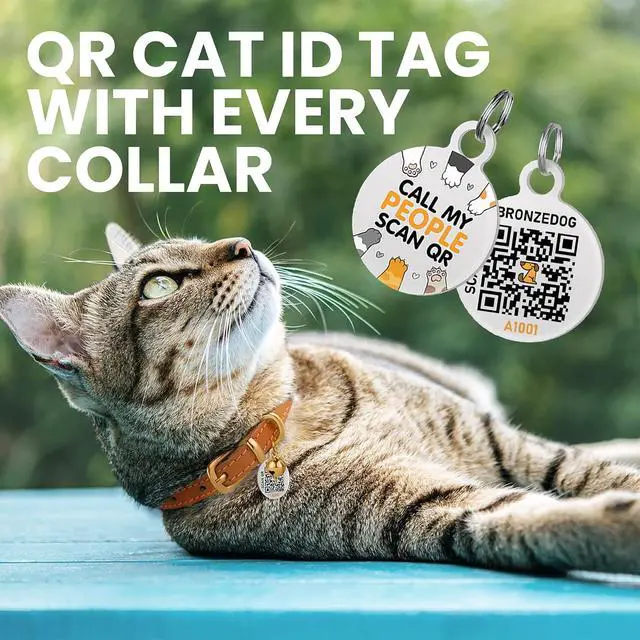 Alt view image 3 of 7 - Leather Cat Collar with Removable Bells Non Breakaway Kitten QR Tag for Girl Boy (7" - 9" for Cats, Black & Gold)