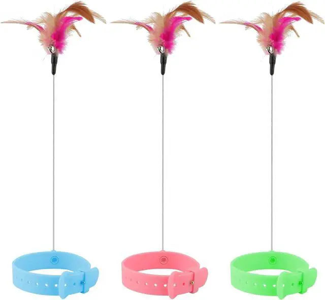 Main image of Cat Collar Toy, 3 Pcs Cat Feather Toy with Neck Collar, Interactive Self Playing Toys with Bell for Indoor Kittens Small Animals(Pink/Blue/Green)