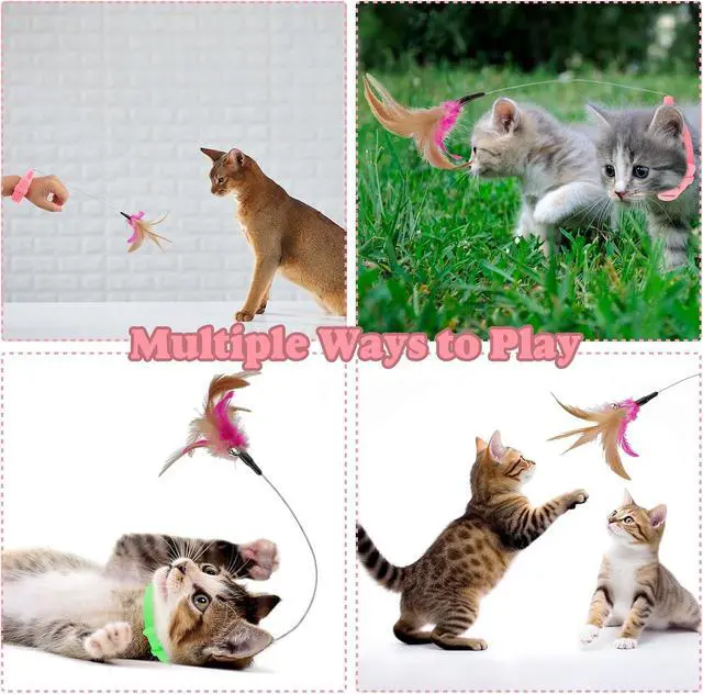 Alt view image 3 of 6 - Cat Collar Toy, 3 Pcs Cat Feather Toy with Neck Collar, Interactive Self Playing Toys with Bell for Indoor Kittens Small Animals(Pink/Blue/Green)