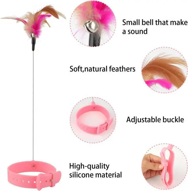 Alt view image 4 of 6 - Cat Collar Toy, 3 Pcs Cat Feather Toy with Neck Collar, Interactive Self Playing Toys with Bell for Indoor Kittens Small Animals(Pink/Blue/Green)